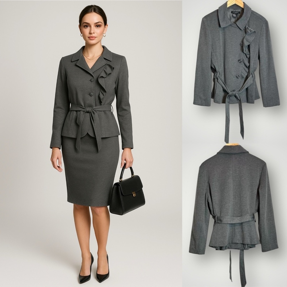 Sandro Sportswear Ruffle Jacket Coat Pockets Gray Belt Tie EUC